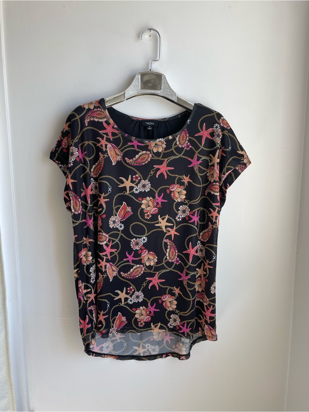 Tacera Black Short Sleeve Blouse with Pink & Tan Nautical Floral Print
